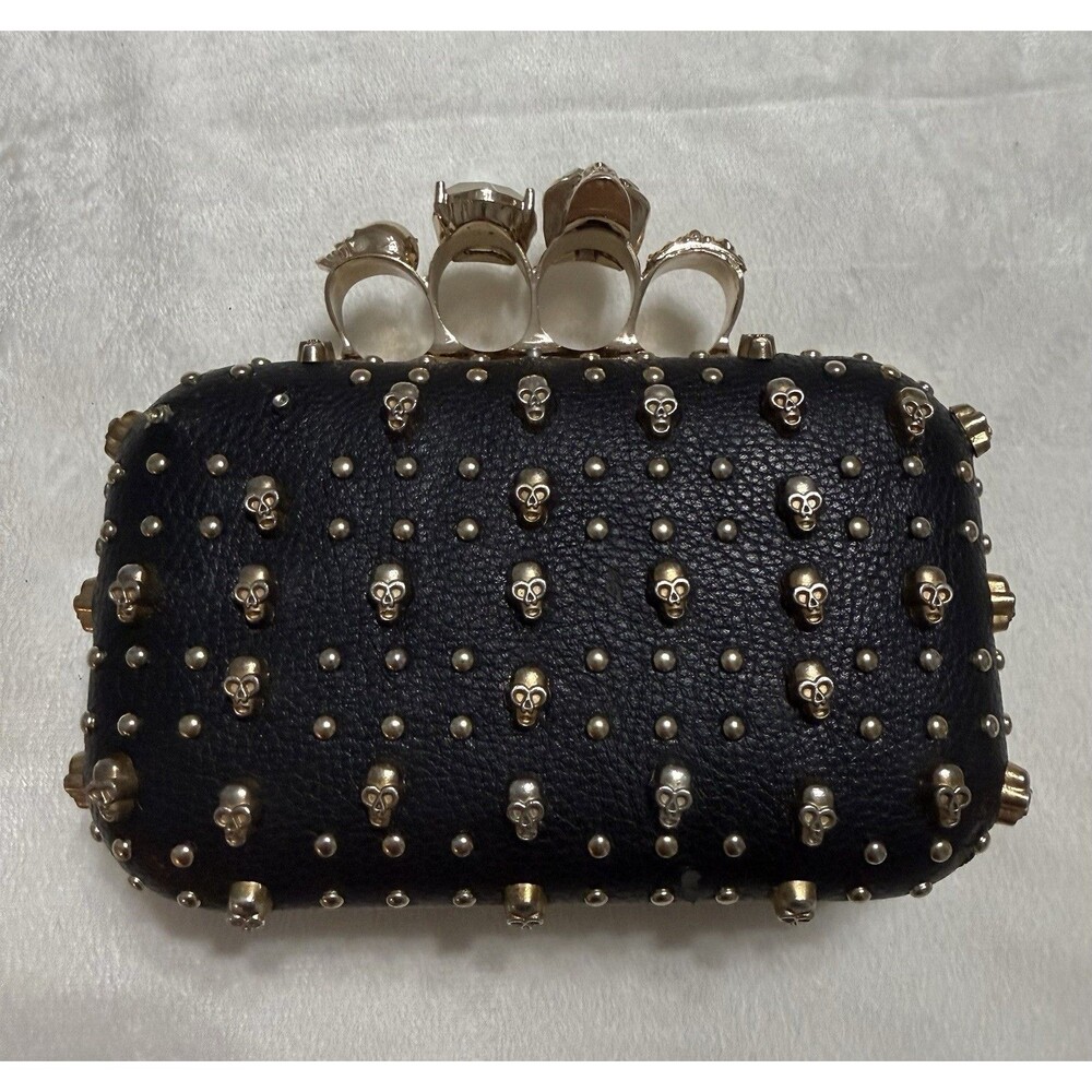 Gothic Skull Knuckle Clutch Black Gold Studded Crystal Statement Bag